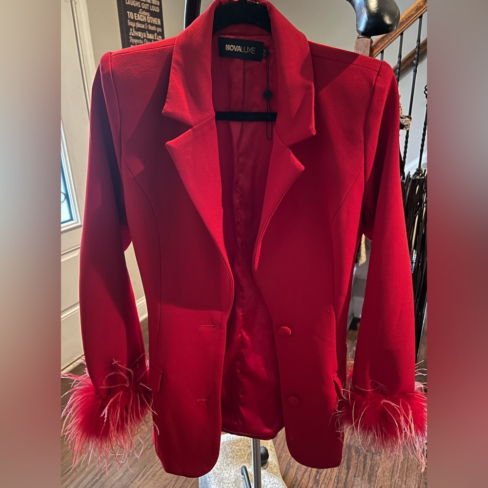Fashion Nova Red Blazer with Feather Cuffs
